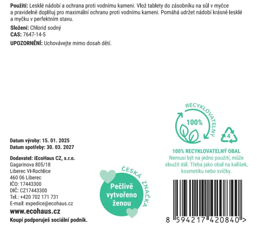 EcoHaus Sůl do myčky v tabletách – Pro dokonale čisté nádobí, 1kg