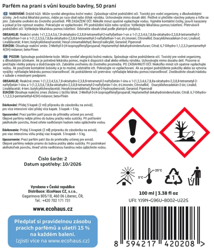 EcoHaus Prací parfém kouzlo bavlny 100ml, 100 praní