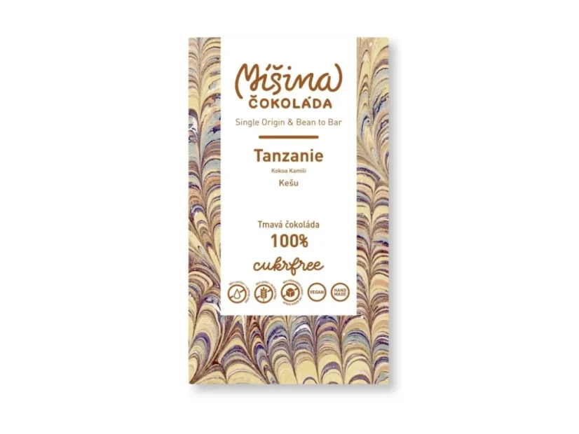 Míšina čokoláda Cukrfree tmavá čokoláda 100% Tanzanie s kešu, 60g