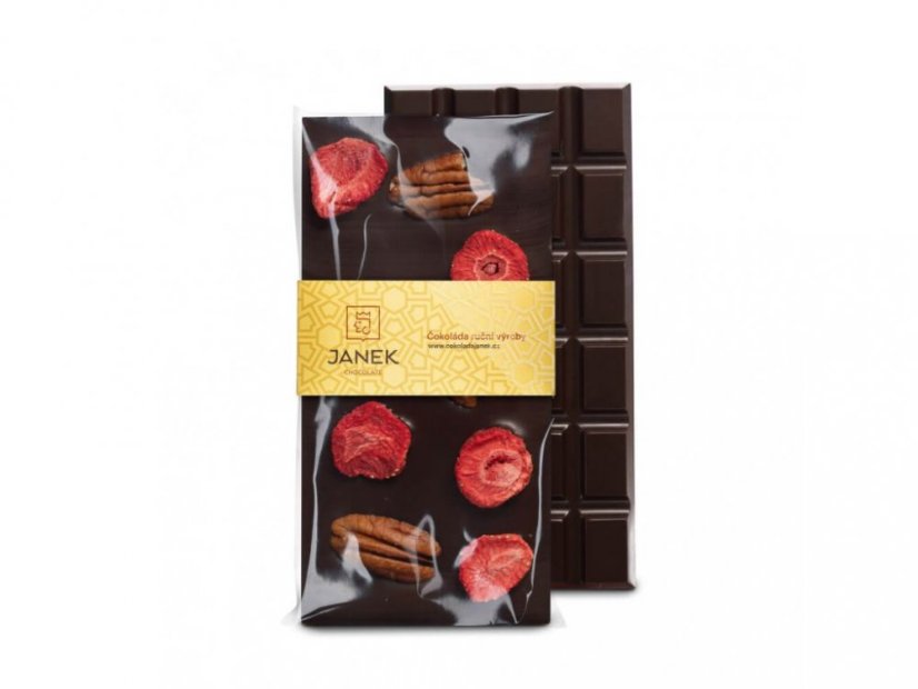 Čokoládovna Janek Hořká čokoláda s pekanovými ořechy a lyofilizovanými jahodami,95g